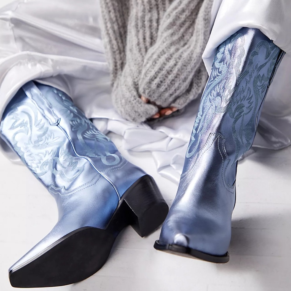 Jeffrey Campbell Metallic Light Blue Western Heeled Boots